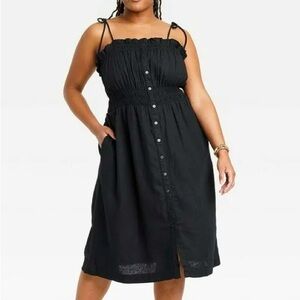 Black Linen Midi Dress with Adjustable Tie Straps